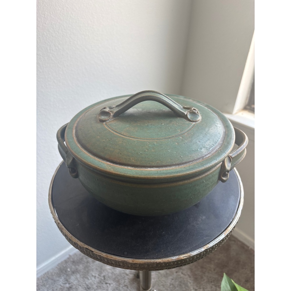 Studio Pottery Green Glazed Ceramic Chicken Baker Steamer with Lid Handcrafted
